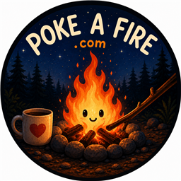 Poke a Fire logo — a smiling campfire under a starry sky
